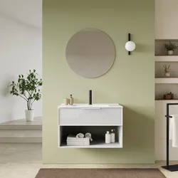 Mobile bagno sospeso con cassetto e vano a giorno 80 cm bianco opaco cannettato con lavabo e specchio - Mida