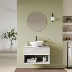 Mobile bagno sospeso con cassetto e vano a giorno 80 cm bianco opaco cannettato con top e specchio - Mida