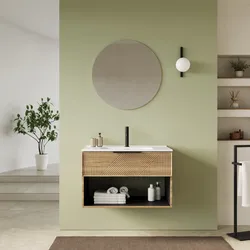 Mobile bagno sospeso con cassetto e vano a giorno 80 cm rovere acero cannettato con lavabo e specchio - Mida