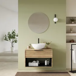 Mobile bagno sospeso con cassetto e vano a giorno 80 cm rovere acero cannettato con top e specchio - Mida