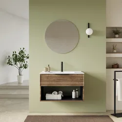 Mobile bagno sospeso con cassetto e vano a giorno 80 cm rovere america cannettato con lavabo e specchio - Mida