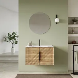 Mobile bagno sospeso con ante 80 cm rovere acero cannettato con lavabo e specchio - Mida