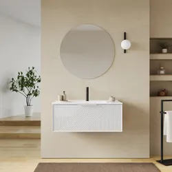 Mobile bagno sospeso con cassetto 90 cm bianco opaco cannettato con lavabo e specchio - Mida
