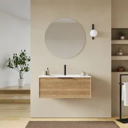 Mobile bagno sospeso con cassetto 90 cm rovere acero cannettato con lavabo e specchio - Mida