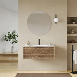 Mobile bagno sospeso con cassetto 90 cm rovere america cannettato con lavabo e specchio - Mida