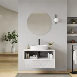 Mobile bagno sospeso con ante e vano a giorno 90 cm bianco opaco cannettato con top e specchio - Mida