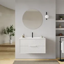 Mobile bagno sospeso con cassetti 90 cm bianco opaco cannettato con lavabo e specchio - Mida