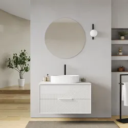 Mobile bagno sospeso con cassetti 90 cm bianco opaco cannettato con top e specchio - Mida