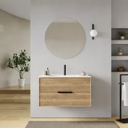 Mobile bagno sospeso con cassetti 90 cm rovere acero cannettato con lavabo e specchio - Mida