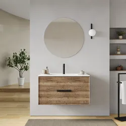 Mobile bagno sospeso con cassetti 90 cm rovere america cannettato con lavabo e specchio - Mida