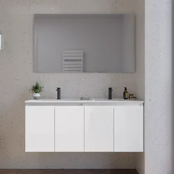 Mobile bagno sospeso 120 cm bianco lucido con lavabo doppia vasca e specchio - Cuki