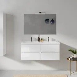 Mobile bagno sospeso 120 cm bianco lucido con 4 cassetti e lavabo in ceramica con specchio - Cuki