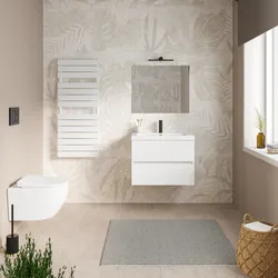 Mobile bagno sospeso 60 cm bianco lucido con 2 cassetti e lavabo con specchio - Cuki