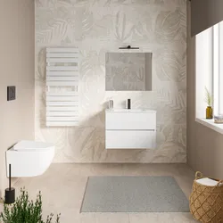 Mobile bagno sospeso 60 cm bianco lucido con cassetti e lavabo con specchio - Cuki