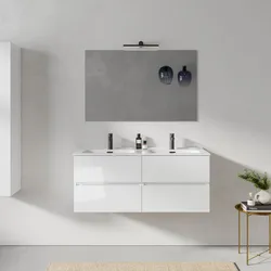 Mobile bagno sospeso 120 cm bianco lucido con 4 cassetti e lavabo doppia vasca con specchio - Cuki