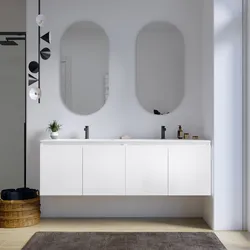 Mobile bagno sospeso 160 cm bianco lucido con ante e lavabo doppia vasca con specchio - Cuki