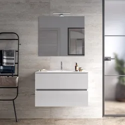 Mobile bagno sospeso con cassetti 80 cm bianco lucido con lavabo e specchio - Cuki