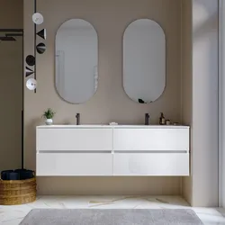 Mobile bagno sospeso 160 cm bianco lucido con cassetti e lavabo doppia vasca con specchio - Cuki