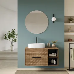 Mobile bagno sospeso con cassetti e vani a giorno 100 cm rovere america cannettato con top e specchio - Mida
