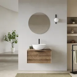 Mobile bagno sospeso con cassetto 70 cm rovere america cannettato con top e specchio - Mida