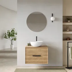 Mobile bagno sospeso con cassetti 70 cm rovere acero cannettato con top e specchio - Mida