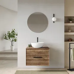 Mobile bagno sospeso con cassetti 70 cm rovere america cannettato con top e specchio - Mida