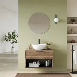 Mobile bagno sospeso con cassetto e vano a giorno 80 cm rovere america cannettato con top e specchio - Mida