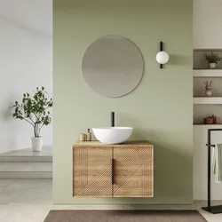 Mobile bagno sospeso con ante 80 cm rovere acero cannettato con top - Mida