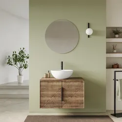 Mobile bagno sospeso con ante 80 cm rovere america cannettato con top e specchio - Mida