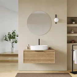 Mobile bagno sospeso con cassetto 90 cm rovere acero cannettato con top e specchio - Mida