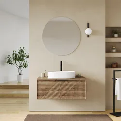 Mobile bagno sospeso con cassetto 90 cm rovere america cannettato con top e specchio - Mida