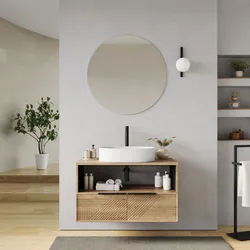 Mobile bagno sospeso con ante e vano a giorno 90 cm rovere acero cannettato con top e specchio - Mida