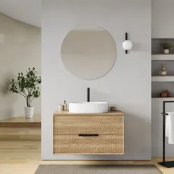Mobile bagno sospeso con cassetti 90 cm rovere acero cannettato con top e specchio - Mida