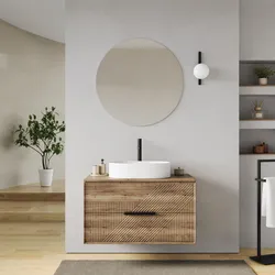 Mobile bagno sospeso con cassetti 90 cm rovere america cannettato con top e specchio - Mida