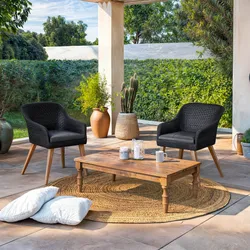 Set relax con 2 poltrone in polyrattan nero e tavolino in legno teak - Habanero