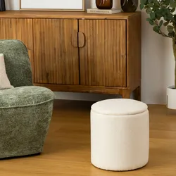 Pouf contenitore rotondo 35 cm in tessuto bouclè bianco - Koani