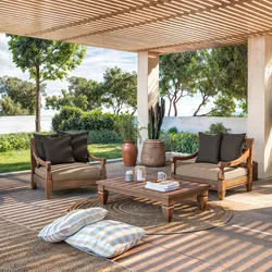Set relax con 2 poltrone e tavolino in legno teak con cuscini grigio scuro - Iguazu