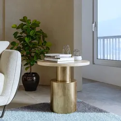 Tavolino rotondo 50 cm con top travertino e base in metallo oro - Richard