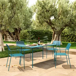 Set pranzo con tavolo 150x80 cm e 4 sedie con braccioli in acciaio blu maldive - Faber