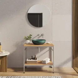 Mobile bagno a terra 80 cm portalavabo acciaio inox satinato e rovere con specchio - Axis