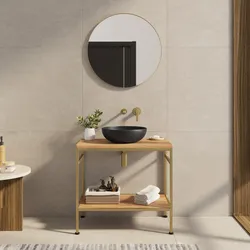 Mobile bagno a terra 90 cm portalavabo oro spazzolato e rovere con specchio - Axis