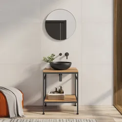 Mobile bagno a terra 70 cm portalavabo nero spazzolato e rovere con specchio - Axis