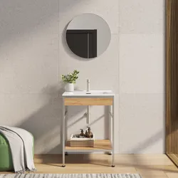 Mobile bagno a terra 60 cm acciao inox satinato e rovere con lavabo integrato e specchio - Axis