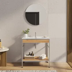 Mobile bagno a terra 90 cm acciao inox satinato e rovere con lavabo integrato e specchio - Axis