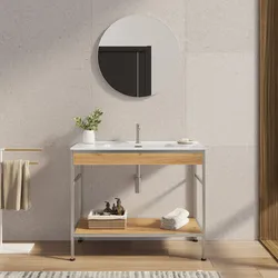 Mobile bagno a terra 100 cm acciao inox satinato e rovere con lavabo integrato e specchio - Axis