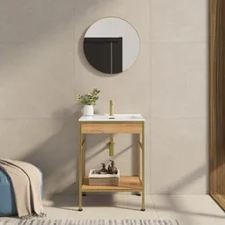 Mobile bagno a terra 70 cm oro spazzolato e rovere con lavabo integrato e specchio - Axis