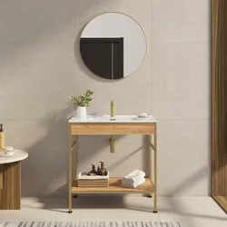 Mobile bagno a terra 90 cm oro spazzolato e rovere con lavabo integrato e specchio - Axis