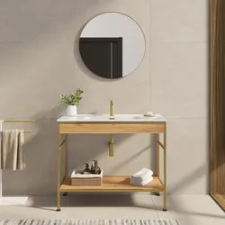 Mobile bagno a terra 100 cm oro spazzolato e rovere con lavabo integrato e specchio - Axis