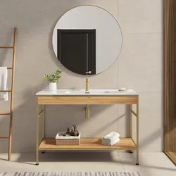 Mobile bagno a terra 120 cm oro spazzolato e rovere con lavabo integrato e specchio - Axis