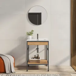 Mobile bagno a terra 60 cm nero spazzolato e rovere con lavabo integrato e specchio - Axis